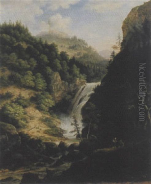 Gebirgslandschaft Mit Wildbach Und Jagern Oil Painting by Johann Jakob Dorner the Younger