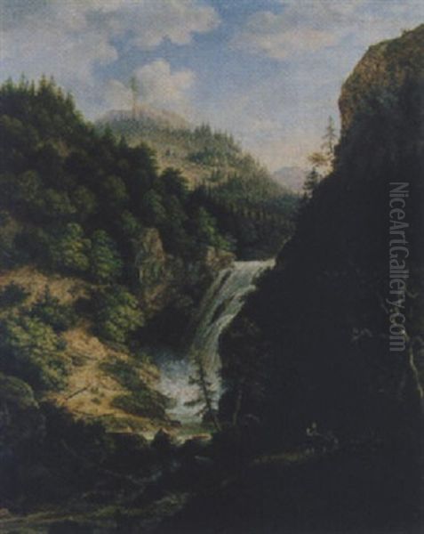 Gebirgslandschaft Mit Wildbach Und Jagern Oil Painting by Johann Jakob Dorner the Younger