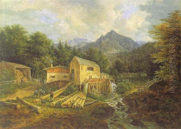 Sagewerk Im Gebirge Oil Painting by Johann Jakob Dorner the Younger