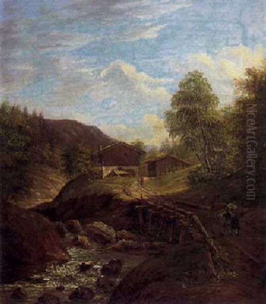 Gehoft Am Bergbach Oil Painting by Johann Jakob Dorner the Younger