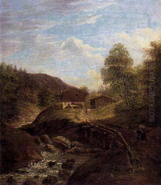 Gehoft Am Bergbach Oil Painting by Johann Jakob Dorner the Younger