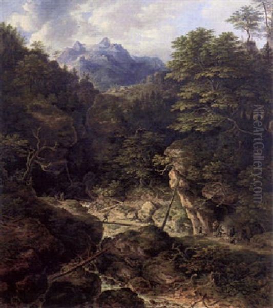 Gebirgslandschaft Mit Wildbach Uber Den Auf Einer Baumbrucke Ein Jager Schreitet Oil Painting by Johann Jakob Dorner the Younger