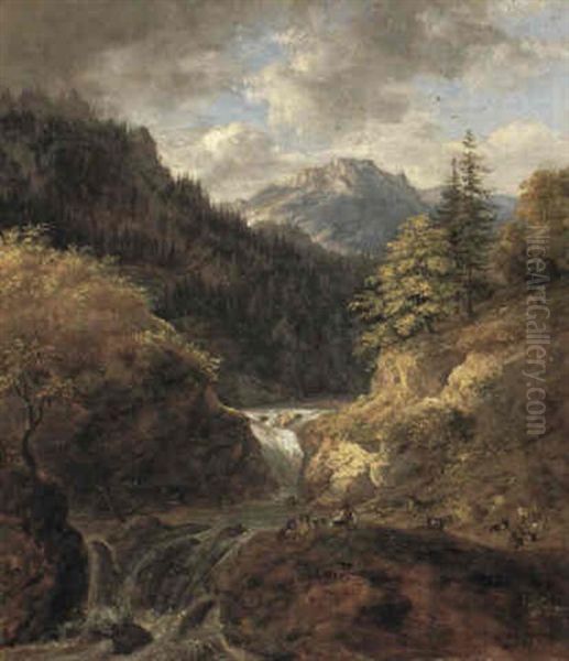 Wasserfall Bei Kreuth Mit Rastendem Hirtenjungen Oil Painting by Johann Jakob Dorner the Younger