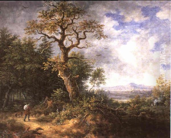 Waldlandschaft Mit Einem Wanderer Und Seinem Hund Links Oil Painting by Johann Jakob Dorner the Younger