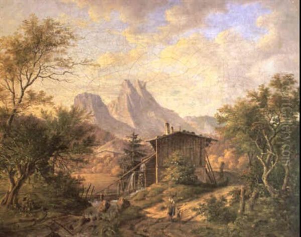 Muhle In Gebirgslandschaft Oil Painting by Johann Jakob Dorner the Younger