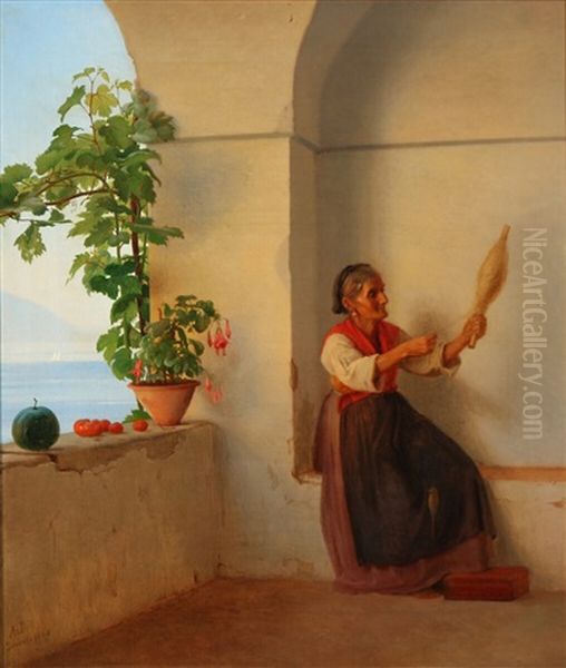 An Old Woman With A Spindle Sitting In An Italian Loggia Oil Painting by Anton Laurids Johannes Dorph