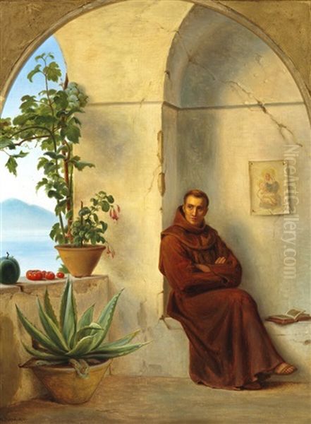 Monk In A Loggia By The Sea Oil Painting by Anton Laurids Johannes Dorph