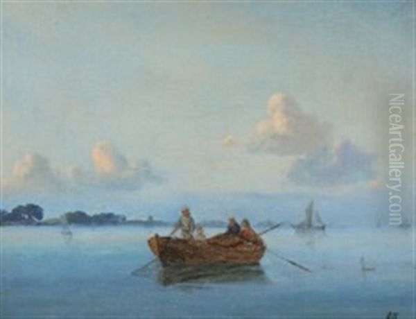 Marine With Fishermen In A Boat Oil Painting by Anton Laurids Johannes Dorph