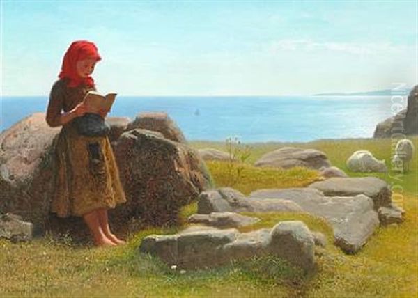 Coastal Scene With A Little Girl Reading, Presumably From Bornholm Oil Painting by Anton Laurids Johannes Dorph