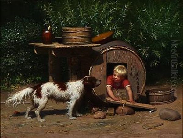 A Boy Playing With His Dog Oil Painting by Anton Laurids Johannes Dorph