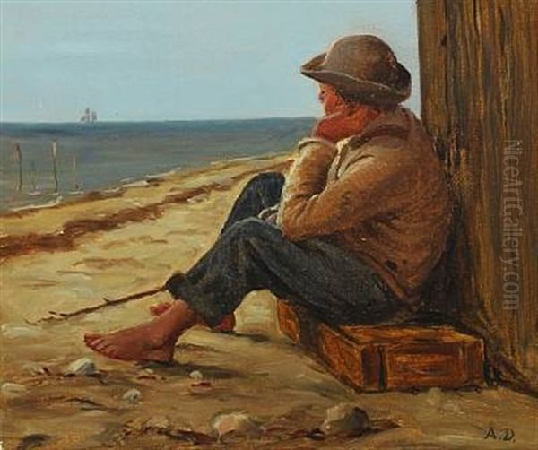 Coastal Scene With A Boy Sitting On A Fish Box Oil Painting by Anton Laurids Johannes Dorph