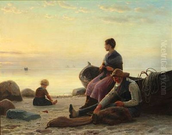 Fisherman's Family On The Beach At Sunset Oil Painting by Anton Laurids Johannes Dorph