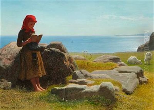 Coastal Scene With A Little Girl Reading, Presumably From Bornholm Oil Painting by Anton Laurids Johannes Dorph