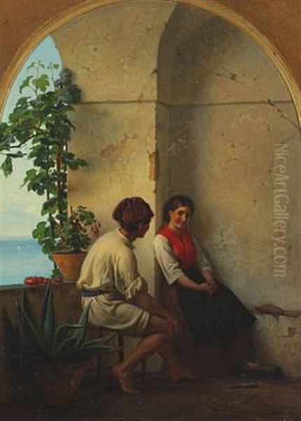 A Young Italian Couple In A Loggia By The Sea by Anton Laurids Johannes Dorph