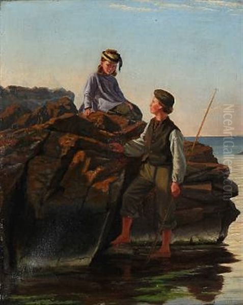 Summer Dressed Girl And A Fisher Boy On A Rocky Coast Oil Painting by Anton Laurids Johannes Dorph