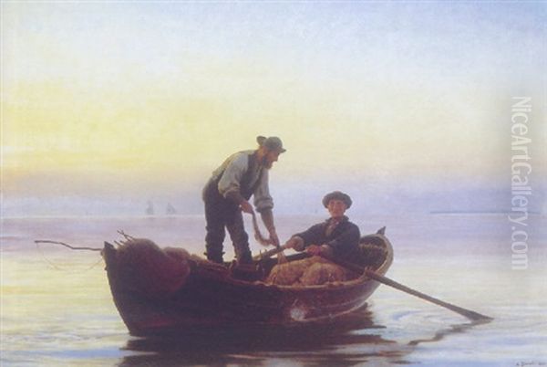 To Fiskere I En Robad Pa Stille Vand, I Baggrunden Sejlskibe I Dis Oil Painting by Anton Laurids Johannes Dorph