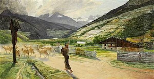 Landscape From Tyrol, Presumably From Meran/merano In Northern Italy Oil Painting by Niels Vinding Dorph