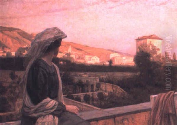 Woman On A Terrace With Menton Beyond Oil Painting by Niels Vinding Dorph