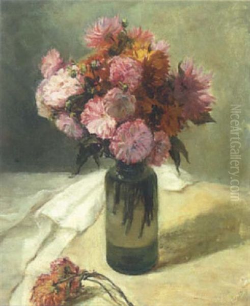 Blumenstillleben Mit Dahlien In Glasvase Oil Painting by Max Dorrer