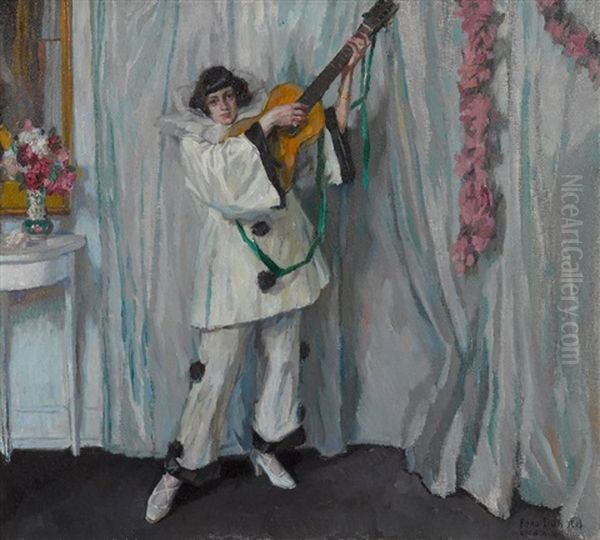 Pierrette Mit Gitarre Oil Painting by Ferdinand Dorsch