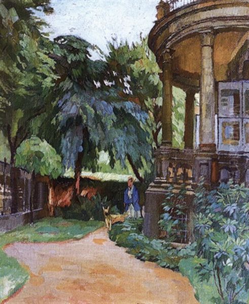 Dresden: Villa Und Park In Der Tiergartenstrase Mit Dame Und Dogge Oil Painting by Ferdinand Dorsch