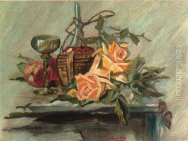 Stilleben Mit Rosen, Pfirsichen, Weinflasche Und Glas Oil Painting by Ferdinand Dorsch