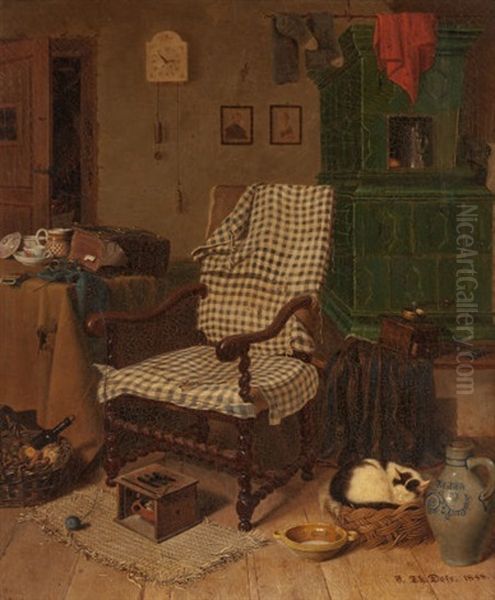 Home Interior With Knitting Chair And Sleeping Cat Oil Painting by Ferdinand Theodor Dose