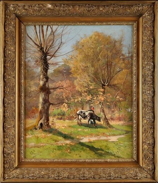 Vache Et Sa Gardienne Au Sous-bois by Raoul Toussaint Dosque