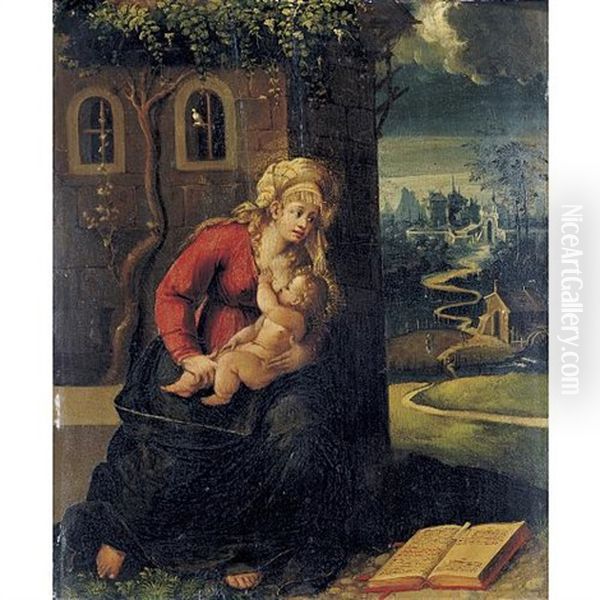 Madonna And Child With A Book Oil Painting by Battista (de Luteri) Dossi