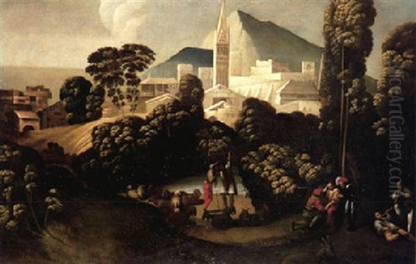 Landschaft Mit Schafhirten Und -herde Vor Einer Befestigten Stadt Oil Painting by Battista (de Luteri) Dossi