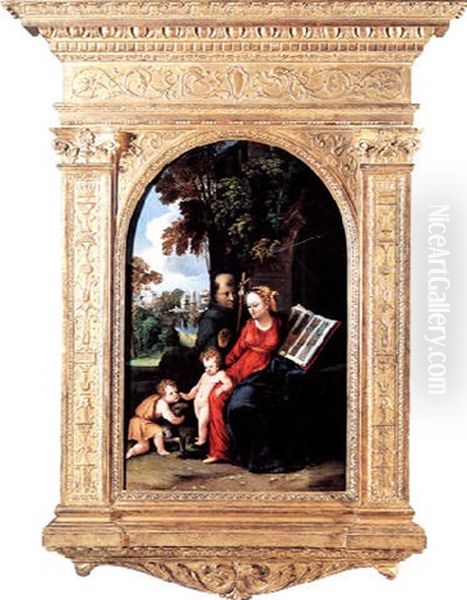 La Vierge A L'enfant Avec Saint Jean-baptiste Et Saint Francois D'assise Dans Un Paysage Oil Painting by Battista (de Luteri) Dossi