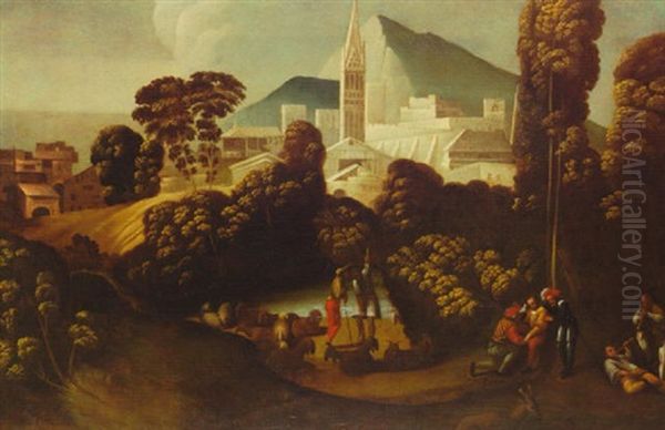 Landscape With Courtiers, Shepherds And Their Flocks And    Flute Players With Buildings And A Church In The Background Oil Painting by Battista (de Luteri) Dossi