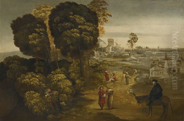 A River Landscape With Figures On A Country Road, A View Of A Town In The Distance Oil Painting by Dosso Dossi