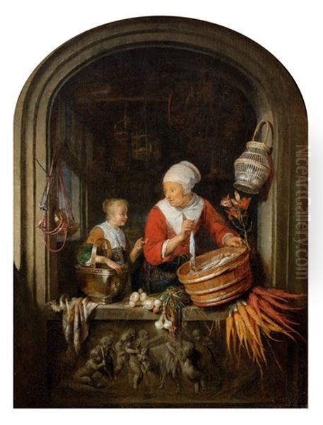 The Herring Seller With A Young Woman Oil Painting by Gerrit Dou