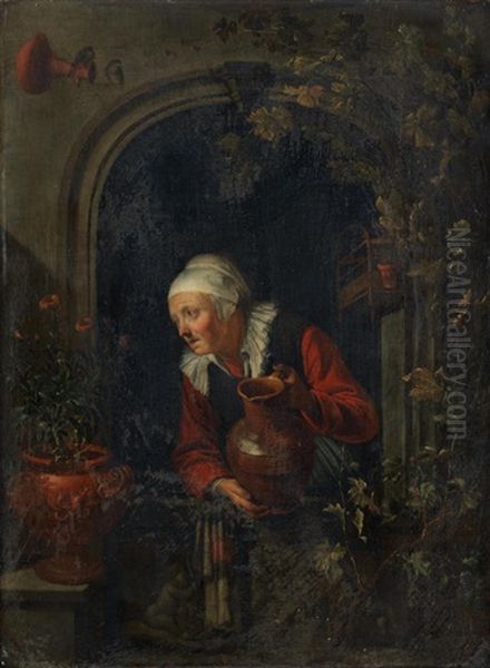 An Elderly Lady Standing At A Window Holding An Earthenware Pitcher Oil Painting by Gerrit Dou