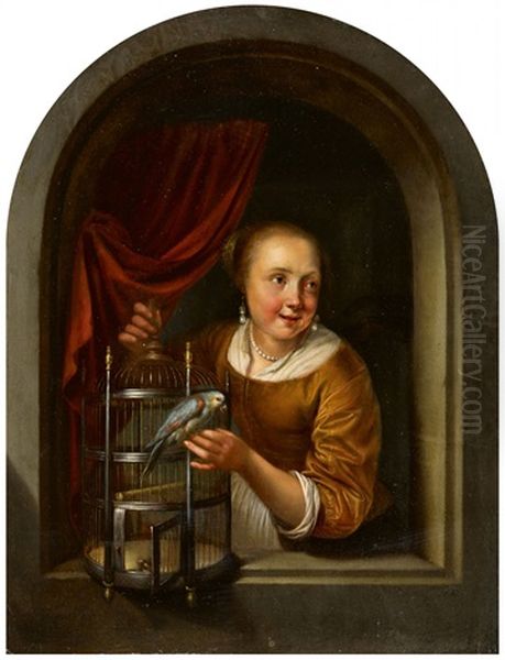 Young Woman With A Parrot In A Window Oil Painting by Gerrit Dou