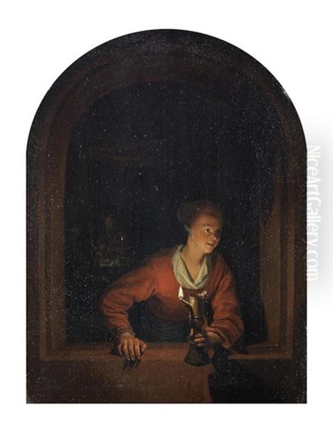 A Woman At A Window With An Oil Lamp Oil Painting by Gerrit Dou