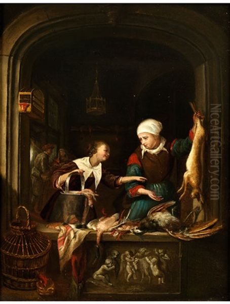 Genreszene Mit Zwei Verkauferinnen Oil Painting by Gerrit Dou