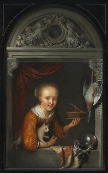 A Young Woman At A Window Oil Painting by Gerrit Dou