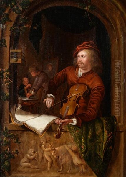 Gentleman Playing A Violin In A Casement Window Oil Painting by Gerrit Dou