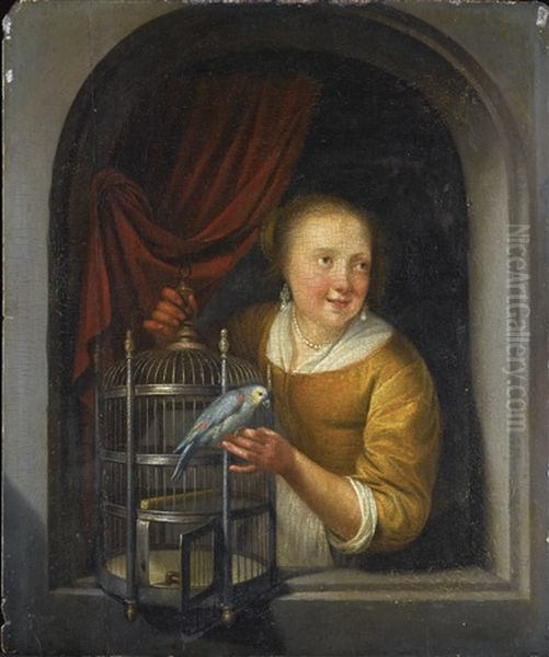 A Young Lady In A Niche, With A Perroquet And A Birdcage by Gerrit Dou