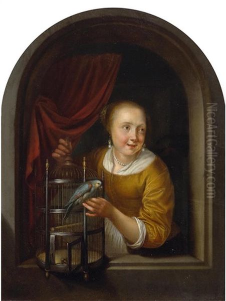 A Young Woman At A Window With A Parrot And Birdcage Oil Painting by Gerrit Dou