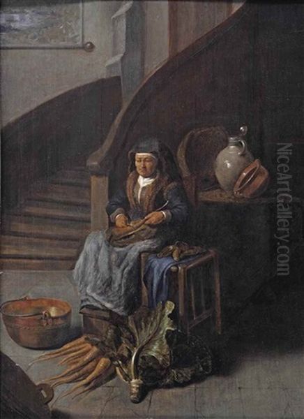 A Old Woman Peeling Carrots In An Interior by Gerrit Dou