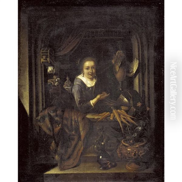 Kuchenmagd Mit Fasan Im Fensterbogen Oil Painting by Gerrit Dou