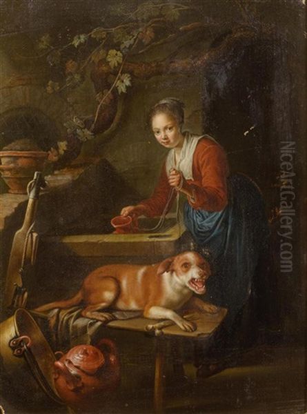 Woman With A Dog By A Well Oil Painting by Gerrit Dou