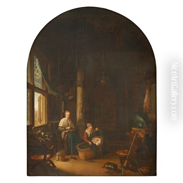 Mother And Children In Interior Oil Painting by Gerrit Dou