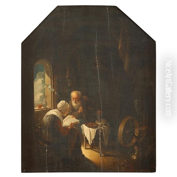 Elderly Couple In Interior Oil Painting by Gerrit Dou