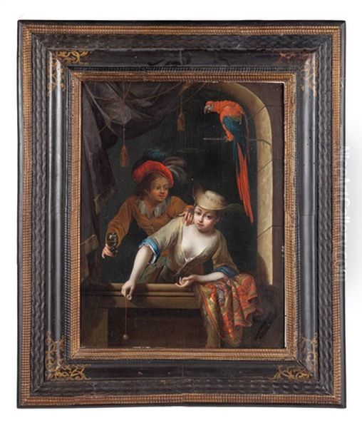 Coppia Di Giovani Alla Finestra Con Pappagallo Oil Painting by Gerrit Dou