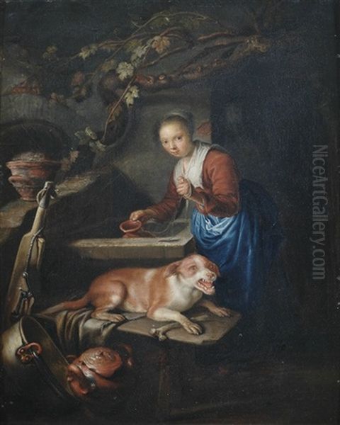 Eine Junge Magd Mit Einem Hund Am Brunnen Oil Painting by Gerrit Dou