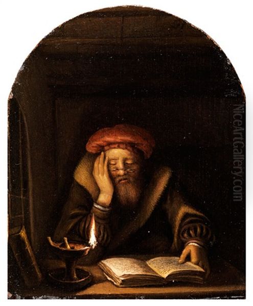 Gelehrter Beim Nachtlichen Studium Der Schriften Oil Painting by Gerrit Dou